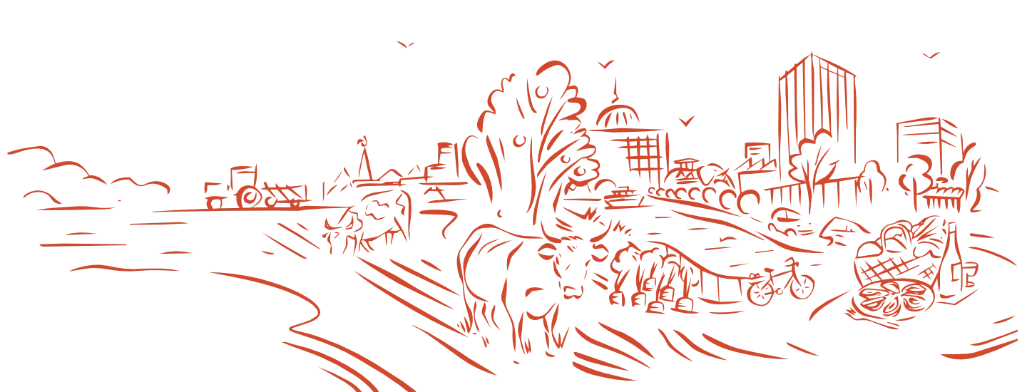 Illustration en ligne rouge représentant une ville avec des bâtiments, des arbres, des véhicules, des personnes et un animal au premier plan