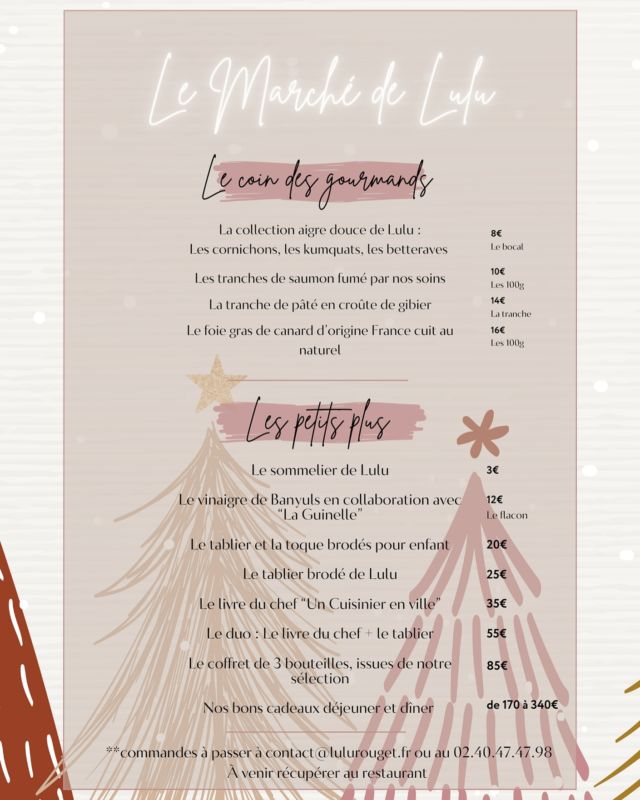 🎅🏼🎁🎄

Les gourmands c’est maintenant !

Le marché de Lulu rien que pour vous 🫵🏼

Renseignements et réservations à contact@lulurouget.fr ou au téléphone au 02 40 47 47 98 

Tous nos bons cadeaux sur lulurouget.fr avec notre partenaire Secret box .

À très vite …🤭

#produitsmagiques #àemporter #idéescadeaux #nöel2024 #aucoindufeu #foiegras #saumonfumé #pâtécroûte #restaurant #lulurouget #nantes #uncuisinierenville